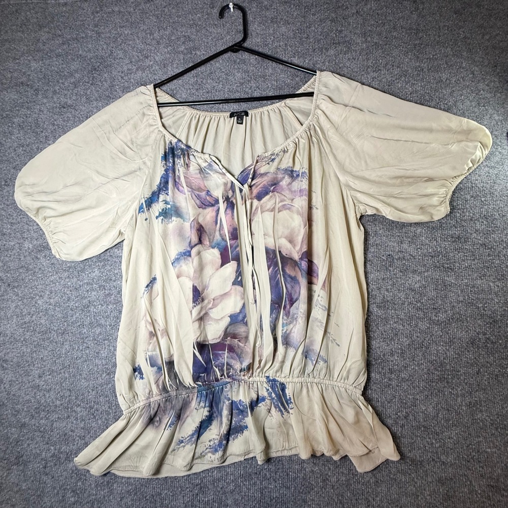 Apt 9 Womens XL Floral Peasant Blouse Cream Purple Watercolor Smocked Peplum Top